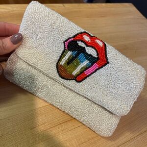 Beaded Clutch with Lip Design - White